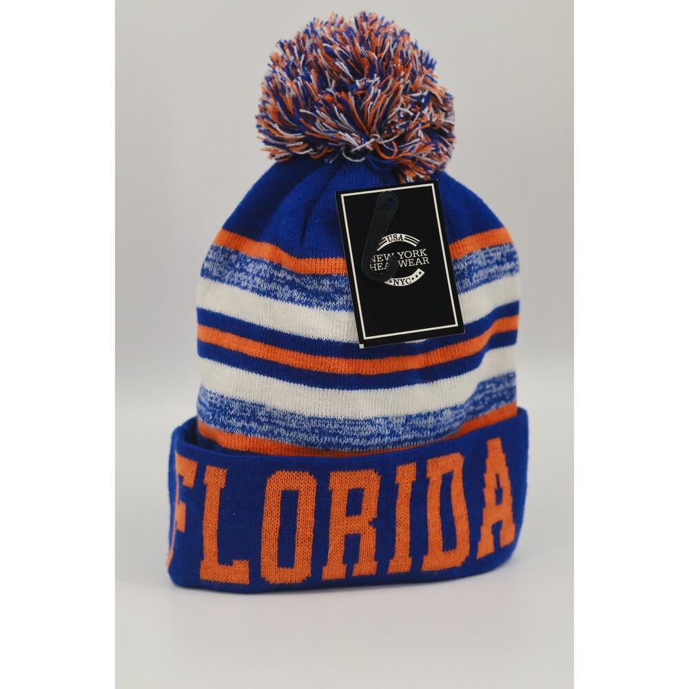 Florida Beanie Hat Pom Pom Knit Cap Blue Orange White New York Headwear Adult